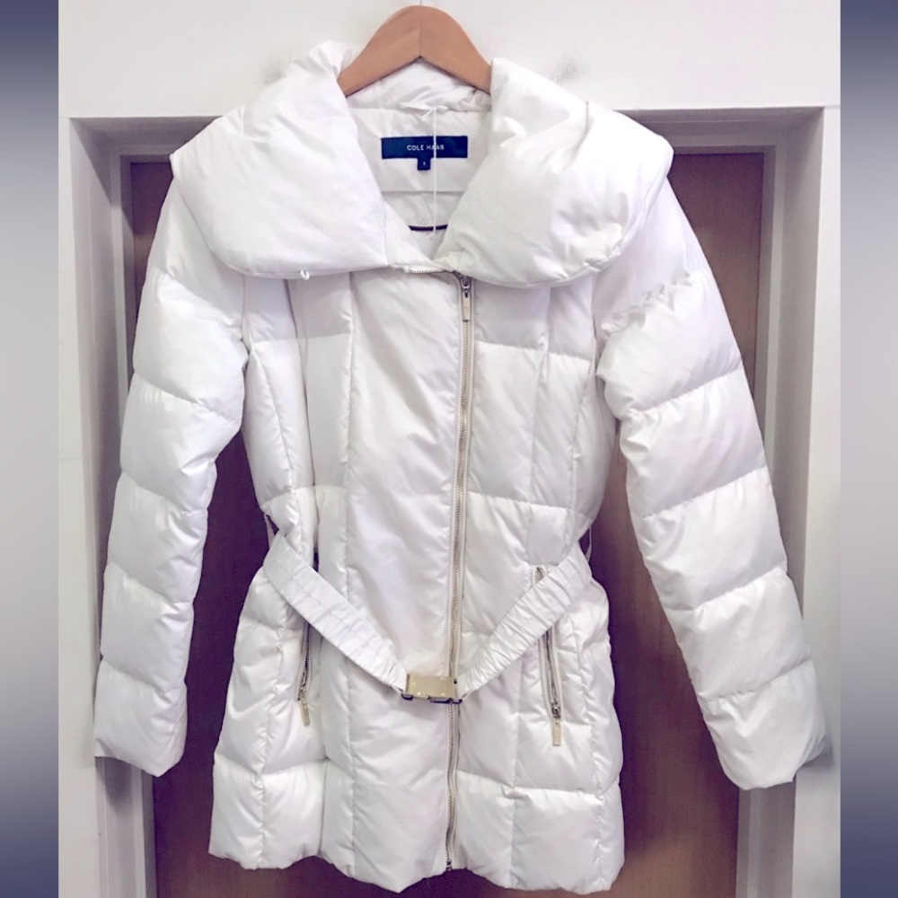 Cole Haan Women's Mid-Length Belted Coat Filled w/ Down/Feather🤍White